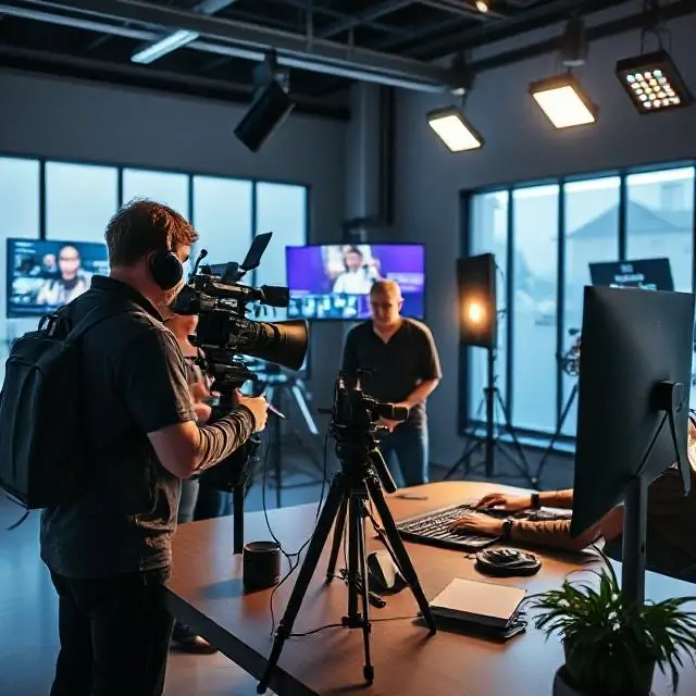 A video editor collaborating with a team in a modern studio.