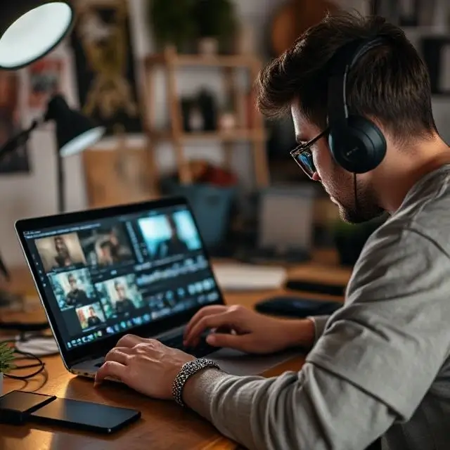 A person intently editing video on a laptop in a creative workspace.