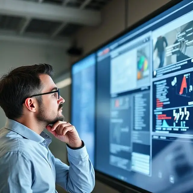 A mentor thoughtfully reviewing a project on a large screen.