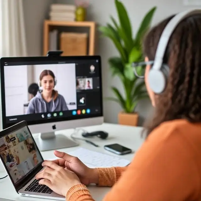 A tutor providing feedback over a video call.