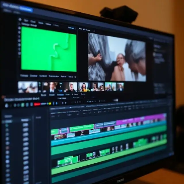 A complex video editing timeline displayed on a screen.