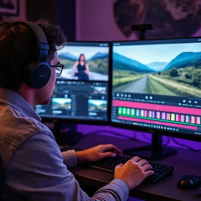 Person editing video on a dual monitor setup