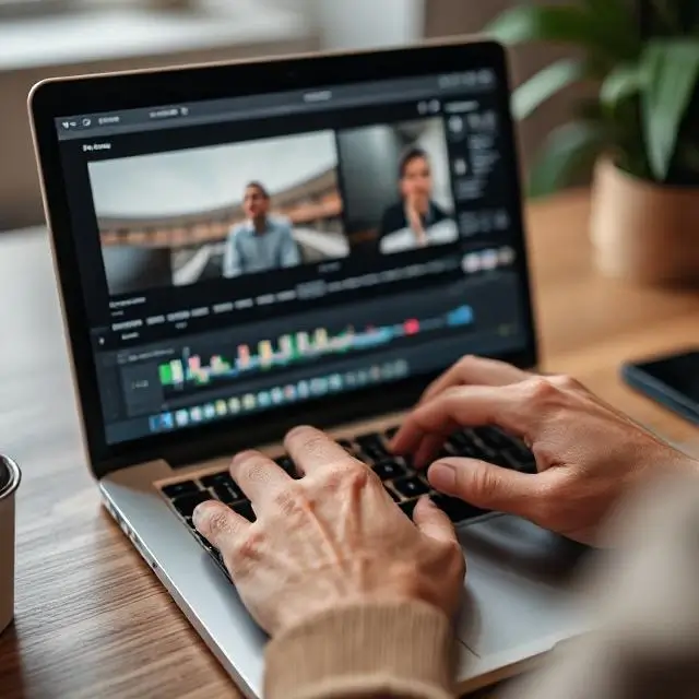 Close-up of hands editing video on a laptop.